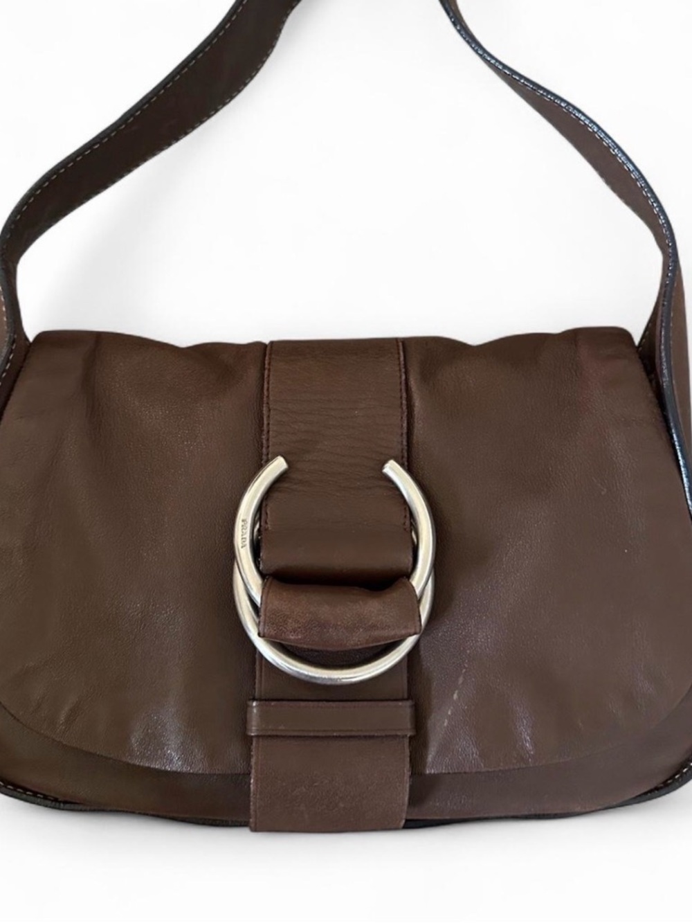 Prada Brown Leather Shoulder Bag with Silver-Tone Ring